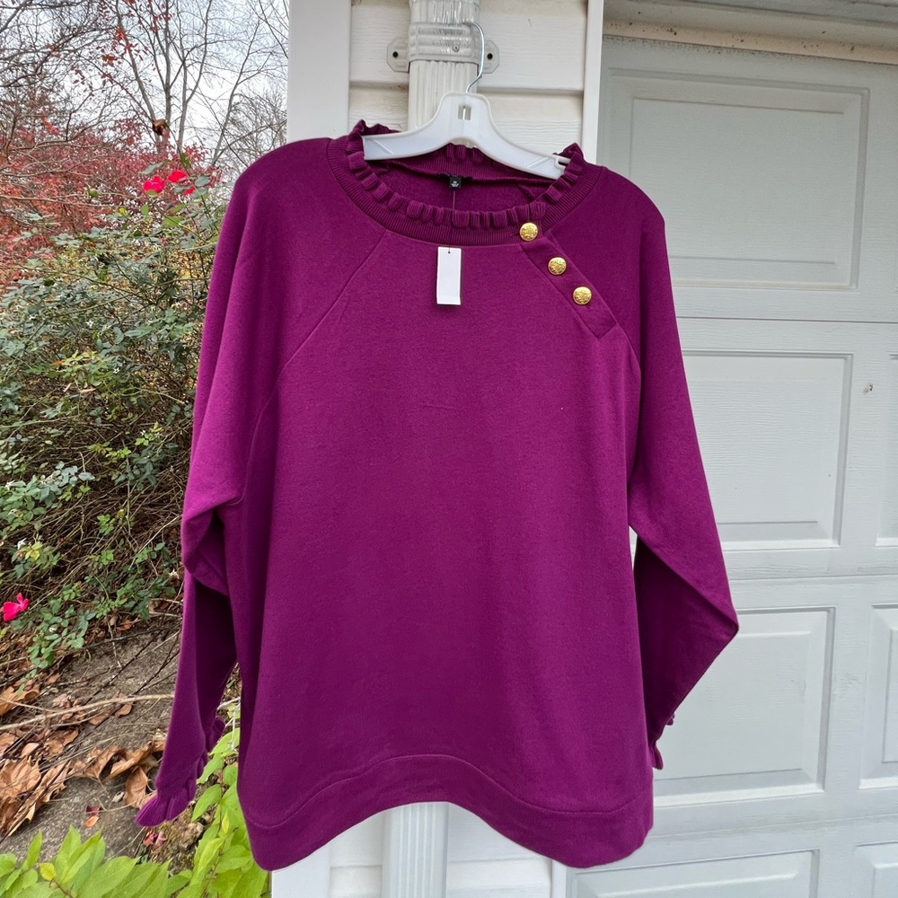 NWT Talbots Pretty Purple Ruffle Button Neck Long Sleeve Top